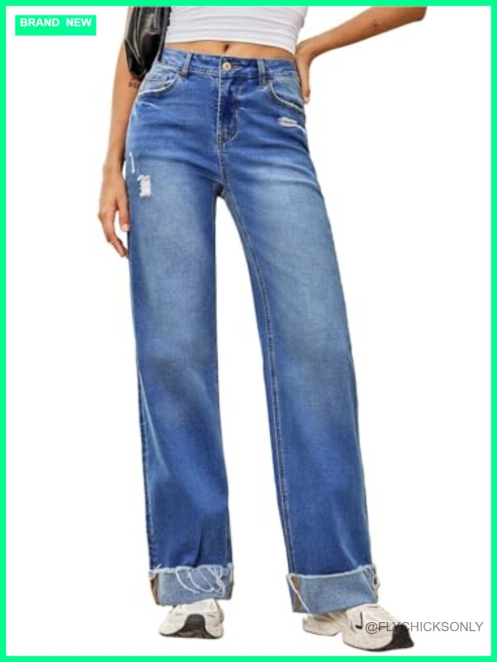 Wide Leg High Waisted Stretchy Distressed Jeans with Folded Hem